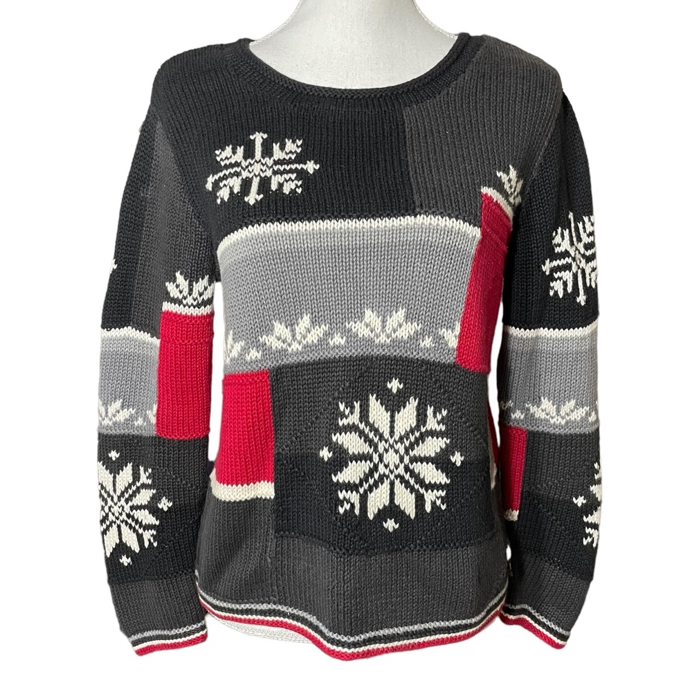Patchwork Snowflake Sweater L Fair Isle Vintage Red Black Gray Colorblocked